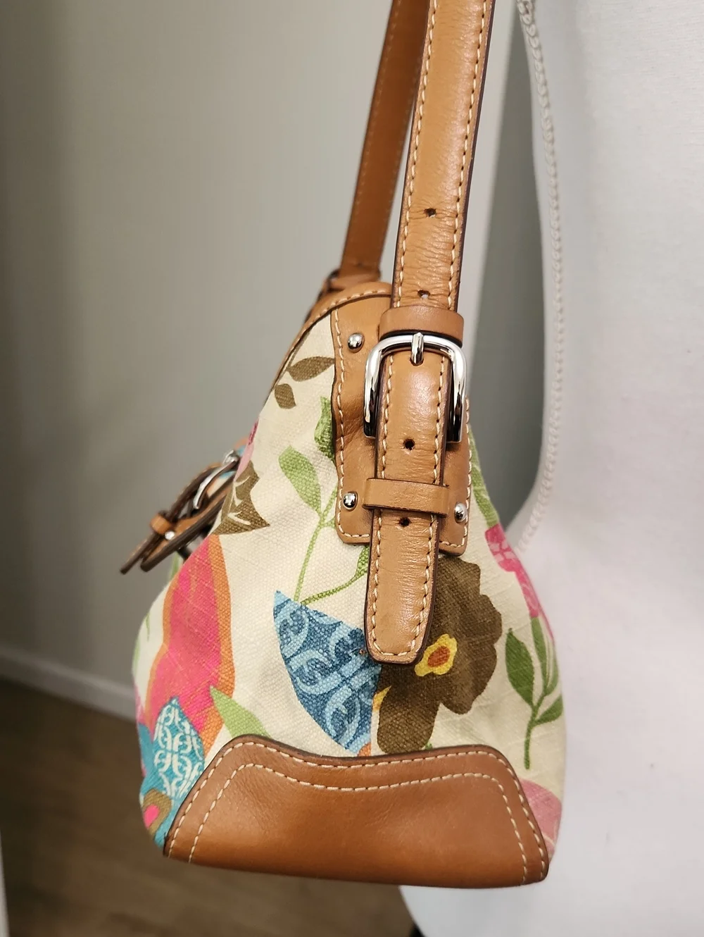 Vintage Fossil Floral Canvas Shoulder Bag Leather Trim Y2k - Picture 5 of 17